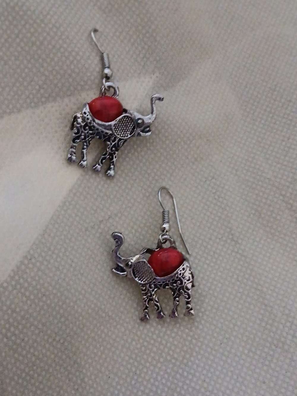 Silver Elephant Drop Earrings with Red Accent